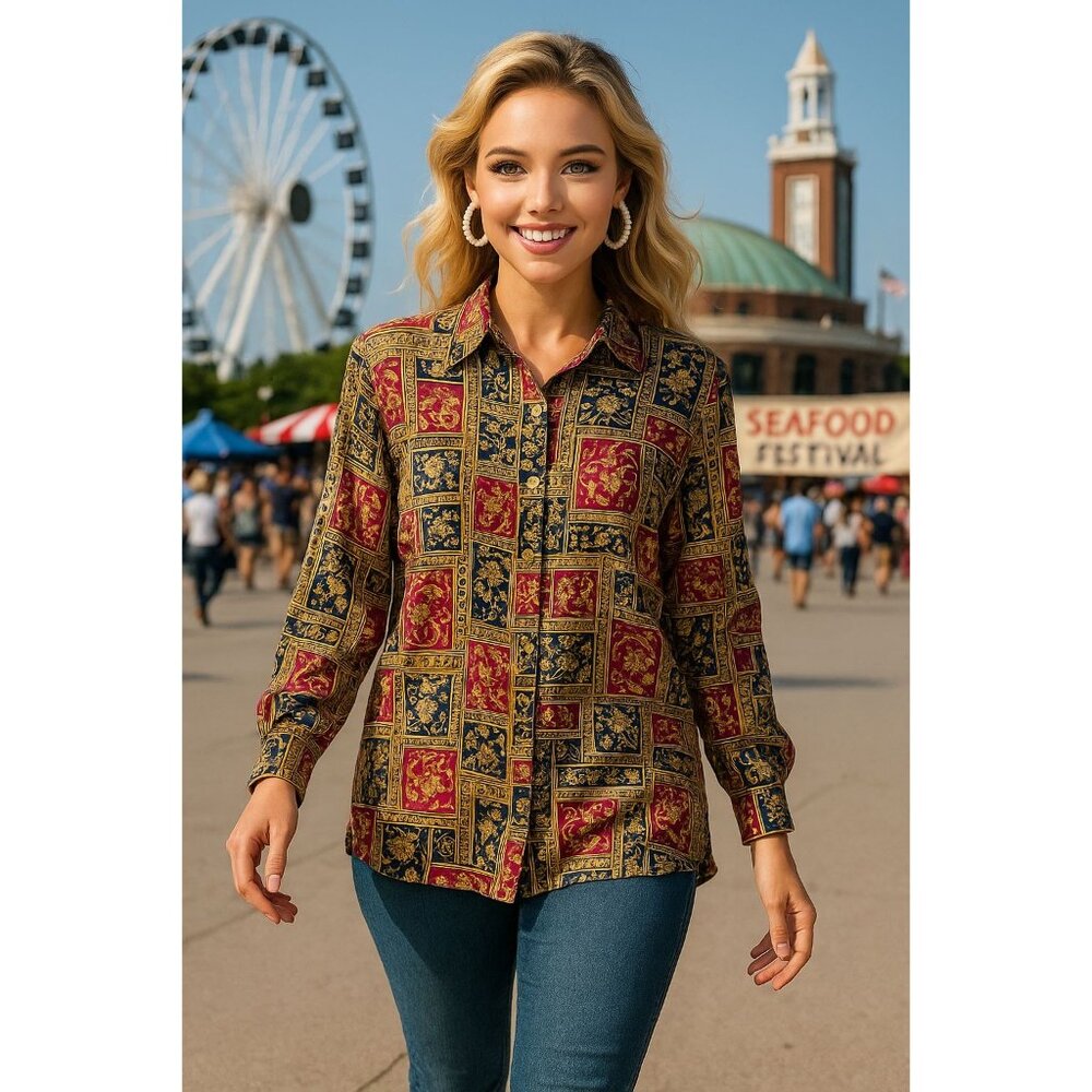 Anna And Frank Medium Vintage Multicolor All Silk Button Down Long Sleeve Shirt - Picture 3 of 11
